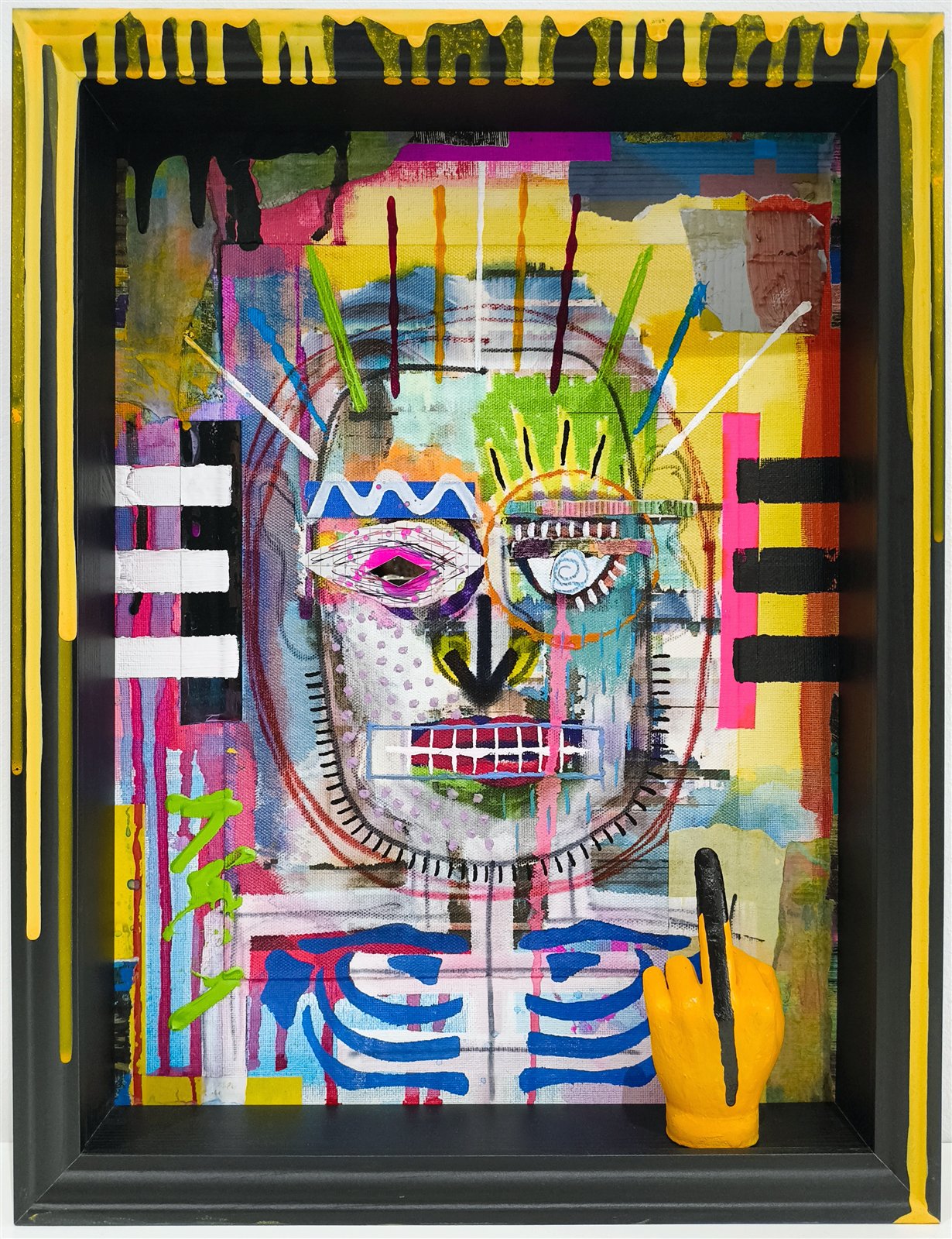 Dom Barra — PRƏTTY_F∆CƏ-05, 2025 · mixed media on canvas board, painted frame, 35 × 45 cm