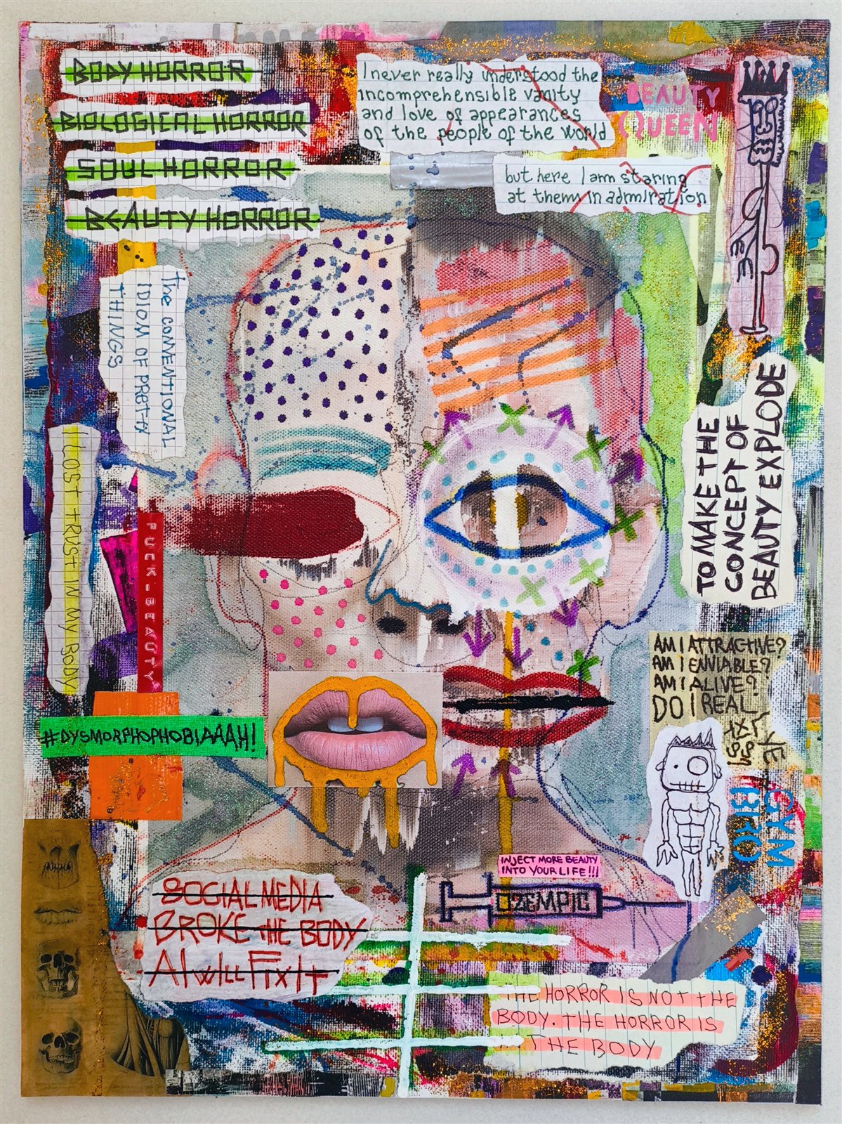Dom Barra — PRƏTTY_F∆CƏ-08, 2025 · mixed media on canvas board, 30 × 40 cm