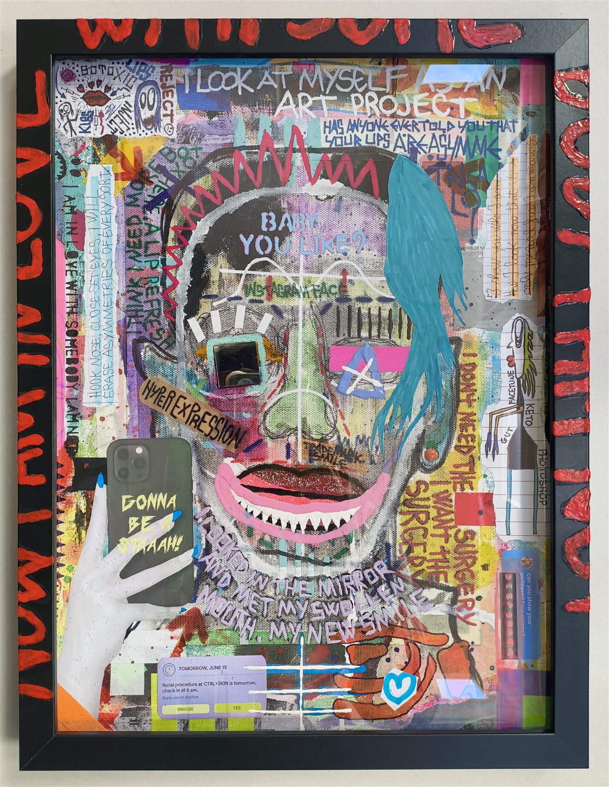 Dom Barra — PRƏTTY_F∆CƏ-09, 2026 · mixed media on canvas board, painted frame, 33 × 43 cm
