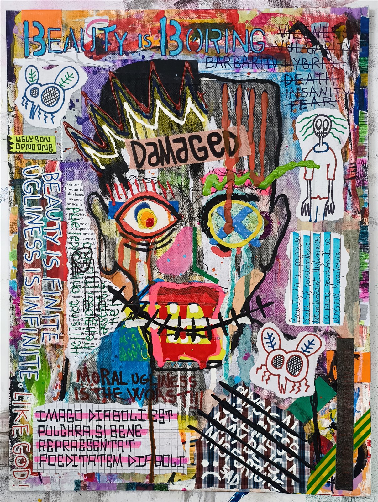 Dom Barra — PRƏTTY_F∆CƏ-11, 2026 · mixed media on canvas board, 30 × 40 cm