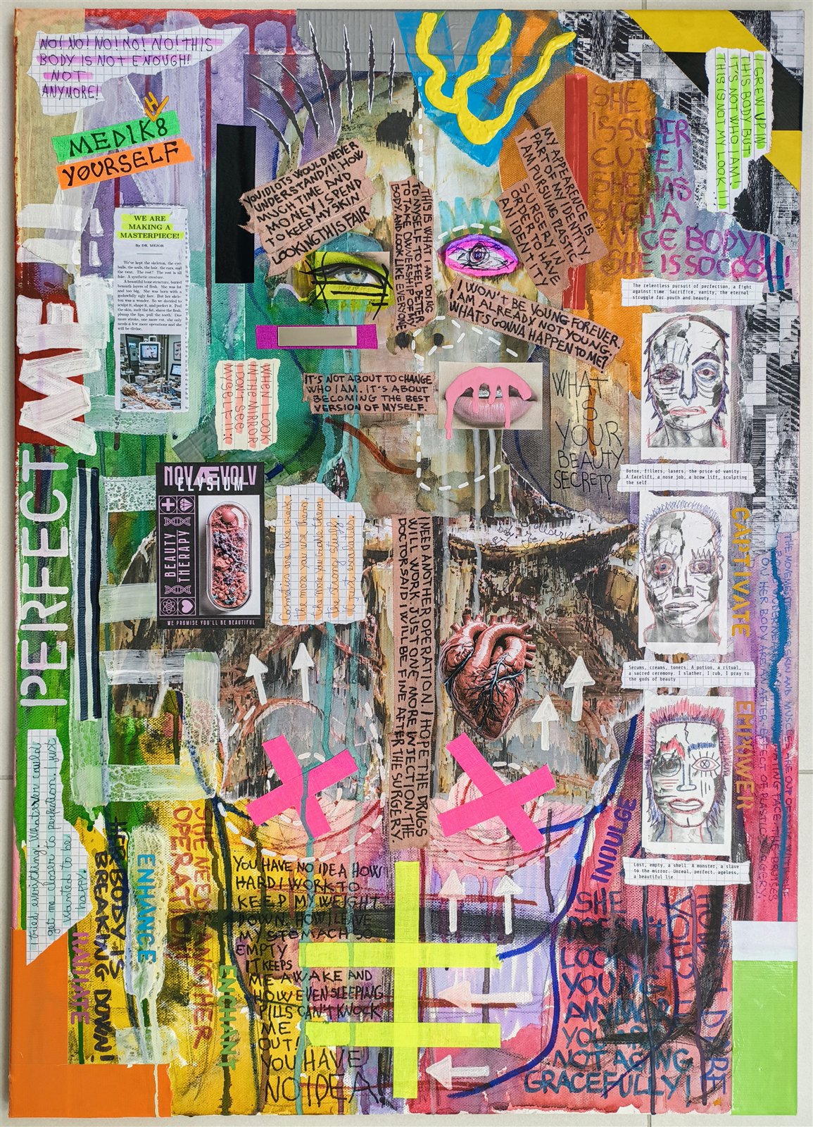 Dom Barra — PRƏTTY_BØDY-01, 2025 · mixed media on stretched canvas, 50 × 70 cm