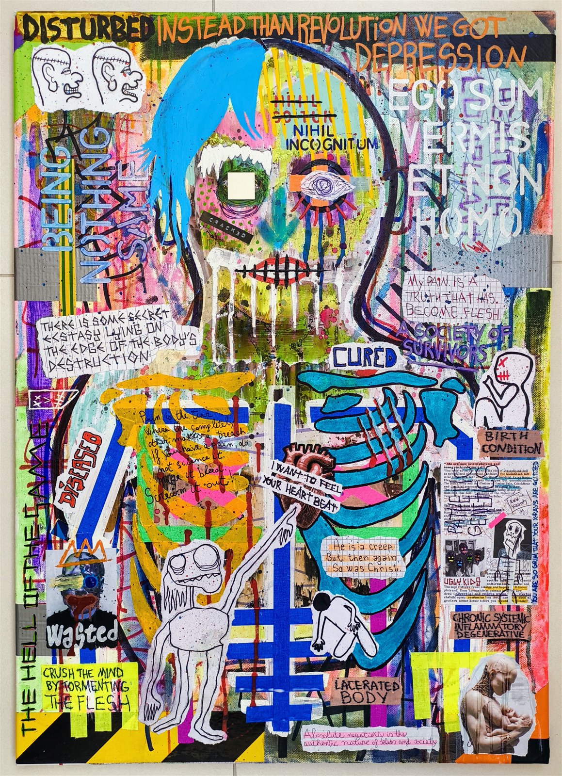 Dom Barra — PRƏTTY_BØDY-02, 2025 · mixed media on stretched canvas, 50 × 70 cm
